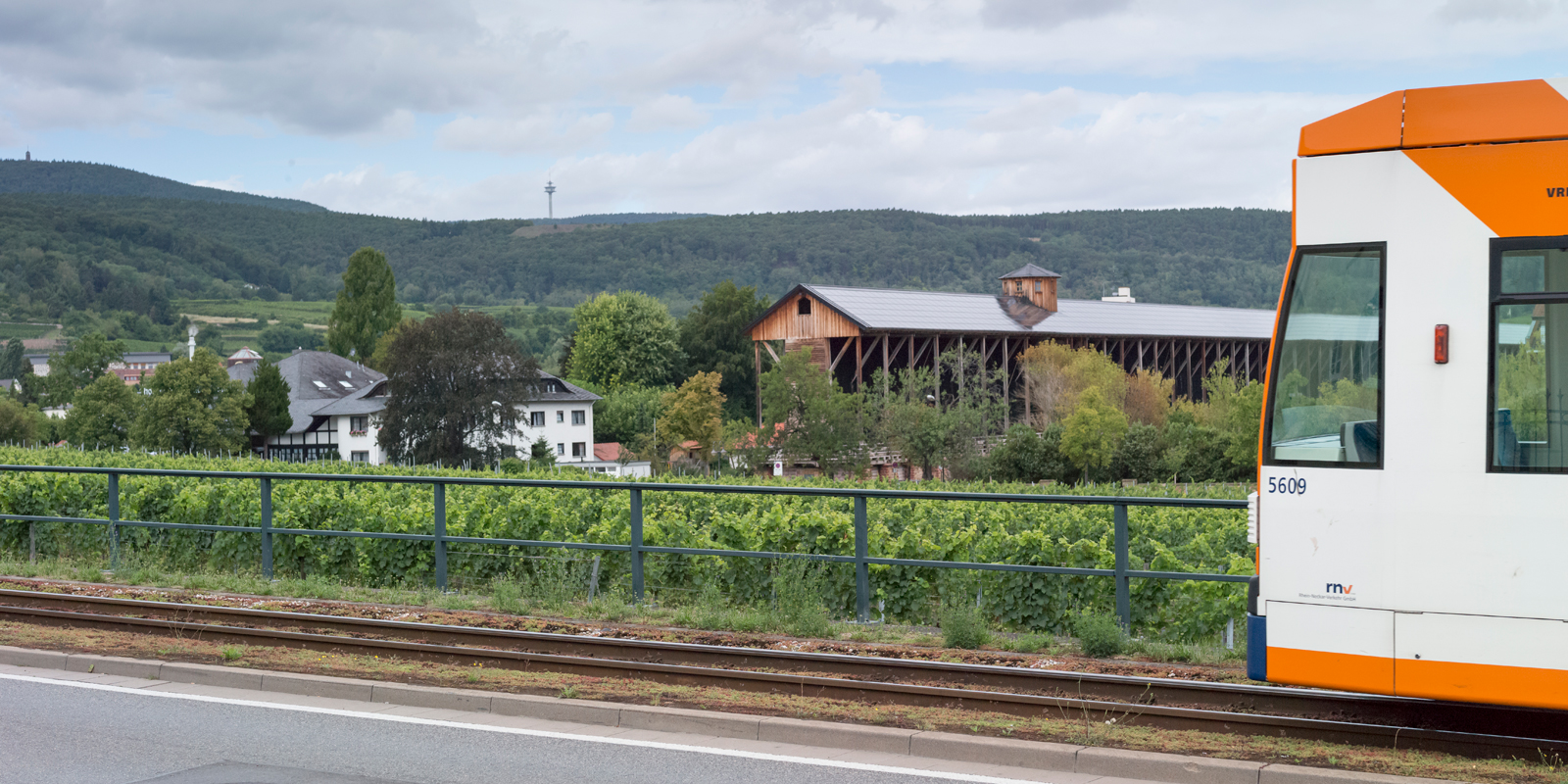 rnv Bahn passiert Saline in Bad Dürkheim