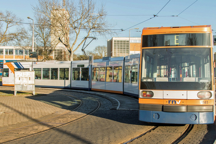 Rückansicht rnv-Bahn mit Beschriftung "E" im Linienfeld