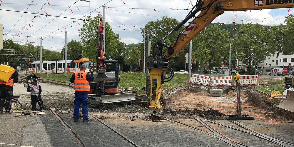 Bauarbeiten an den Gleisen am Römerkreis in Heidelberg