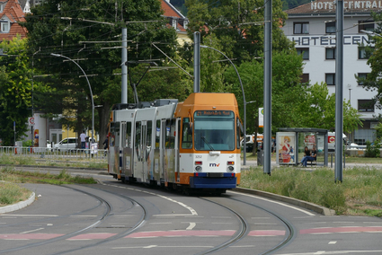 Ein orangener Straßenbahnwagen fährt weg. Im Hintergrund stehen viele alte, grüne Bäume.
