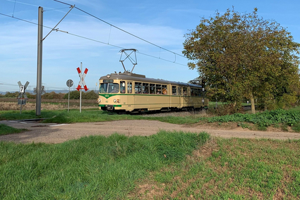 Ein Triebwagen der OEG vom Typ Gt8 am Bahnübergang zwischen Heddesheim und Wallstadt