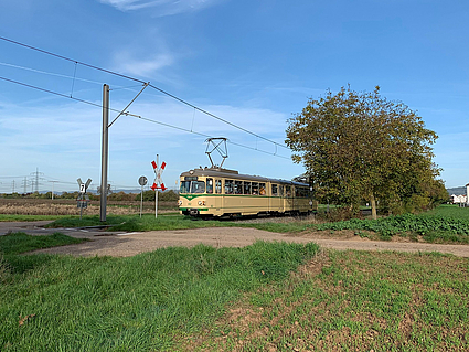 Ein Triebwagen der OEG vom Typ Gt8 am Bahnübergang zwischen Heddesheim und Wallstadt