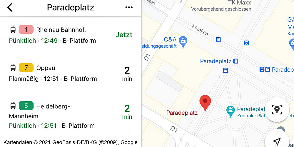 Abfahrtszeiten am Paradeplatz in Mannheim, Quelle: Google Maps