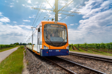 Ein orange-blaues Niederflurfahrzeug fährt auf der Überlandstrecke zwischen Ludwigshafen und Bad Dürkheim entlang der Weinreben.