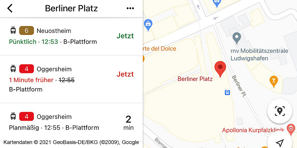 Abfahrtszeiten am Berliner Platz in Ludwigshafen, Quelle: Google Maps