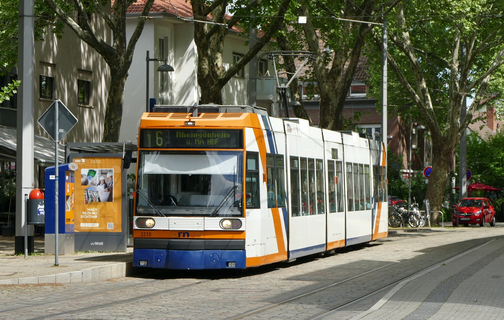 Eine Straßenbahn steht an einer Haltestelle. Die Straße besteht aus Kopfsteinpflaster. Der Straßenzug wird von großen Bäumen gesäumt.