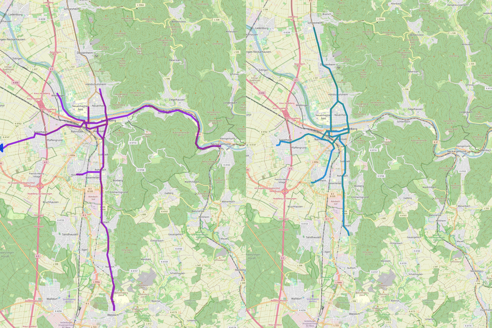 Karte des ÖPNV-Schienennetzes der HSB in Heidelberg im Vergleich 1959 und 2023