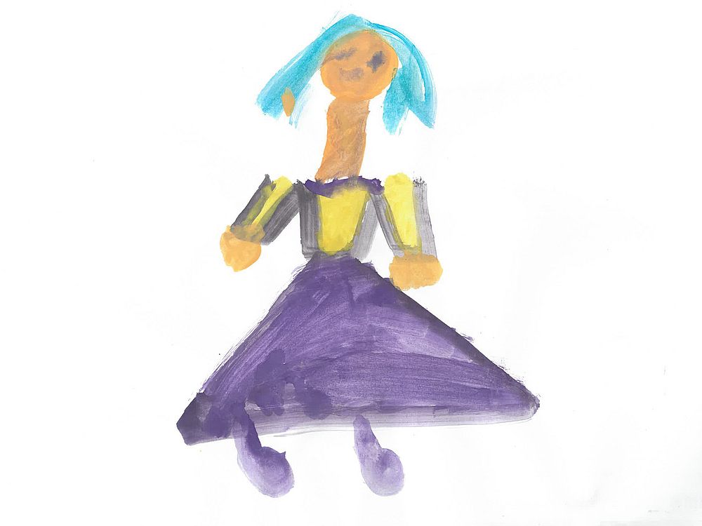 Kindergartenmalerei einer Frau mit blauen Haaren