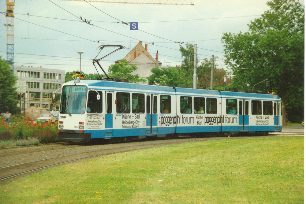 Eine blaue Straßenbahn fährt über den Römerkreis in Heidelberg. Man sieht im Hintergrund große Bäume und im Vordergrund saftig-grünen Rasen.