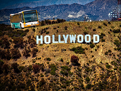 rnv Bus am Hollywood-Schriftzug