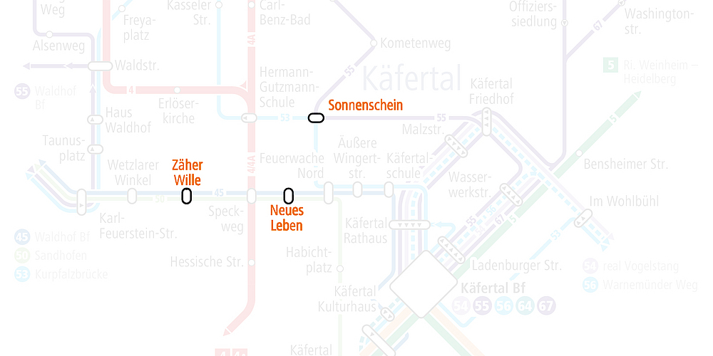 Ausschnitt des Liniennetzplans in Mannheim mit kuriosen Straßennamen