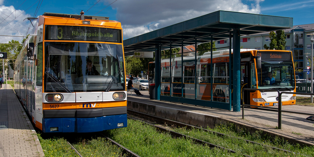 Bus und Bahn an einer Haltestelle