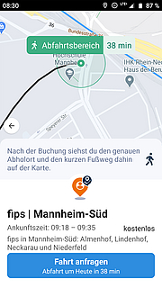Screenshot der Fahrtanfrage in der fips-App