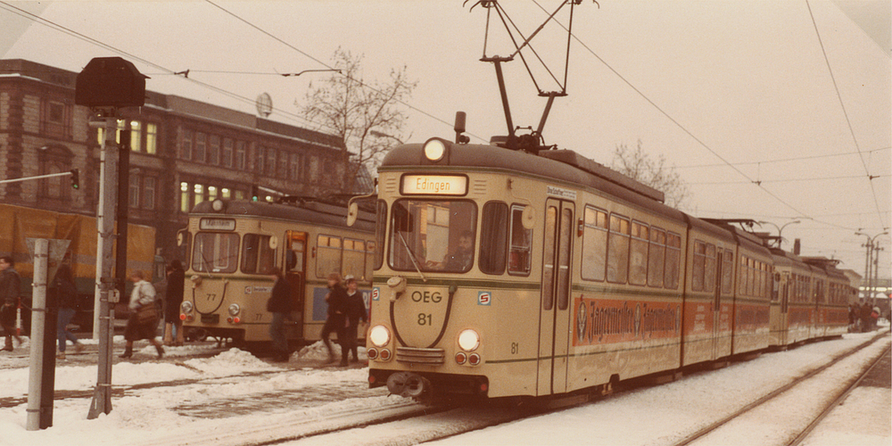 Straßenbahn des Typs GT8 am Bahnhof Kurpfalzbrücke im Jahr 1985, Quelle: Depot 5